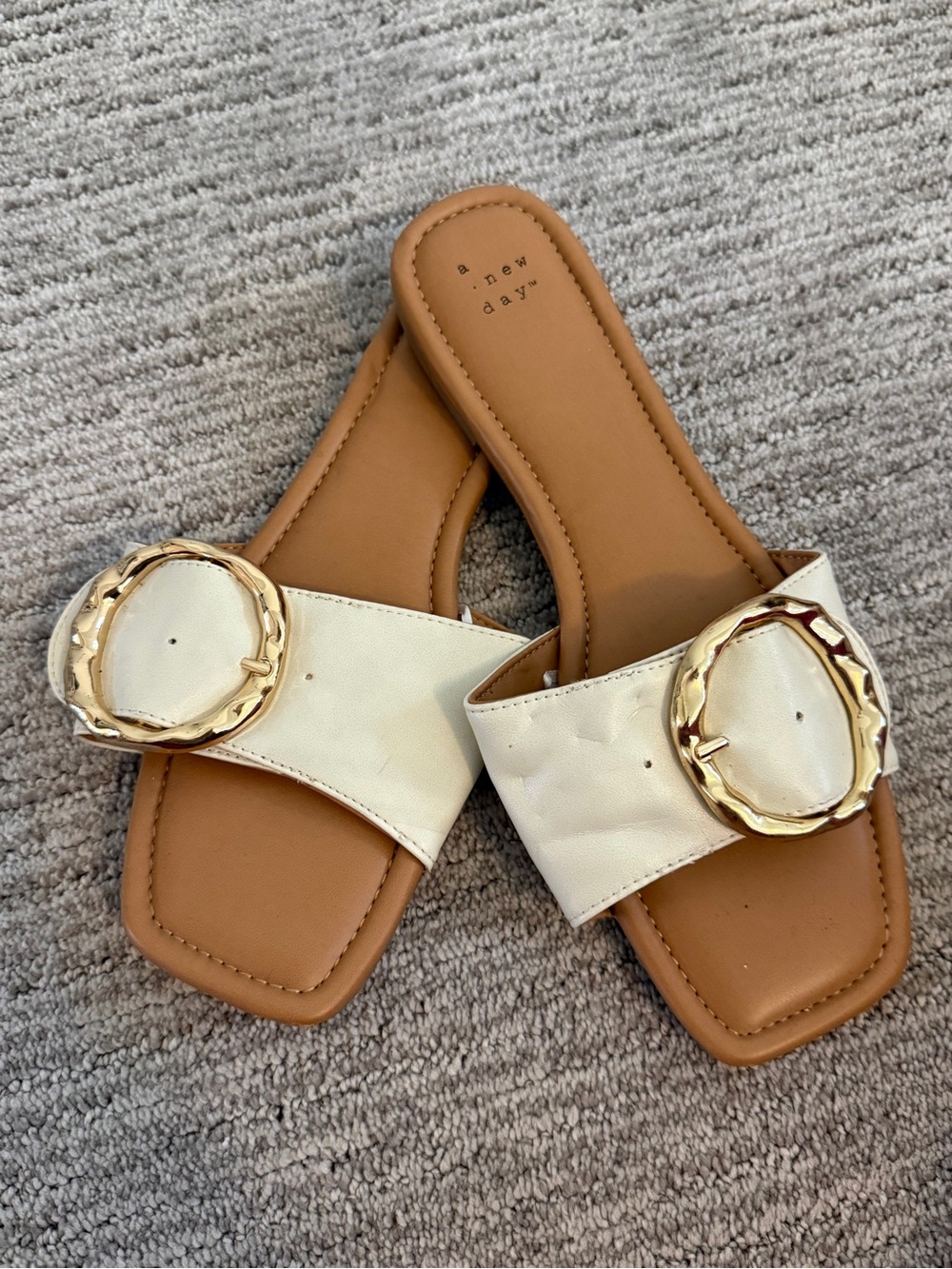 Target tan footbed cream slide sandals with gold buckle — a new day